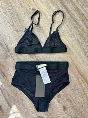 Gucci Black Lace Logo Triangle Bralette & High-Waist Briefs Set